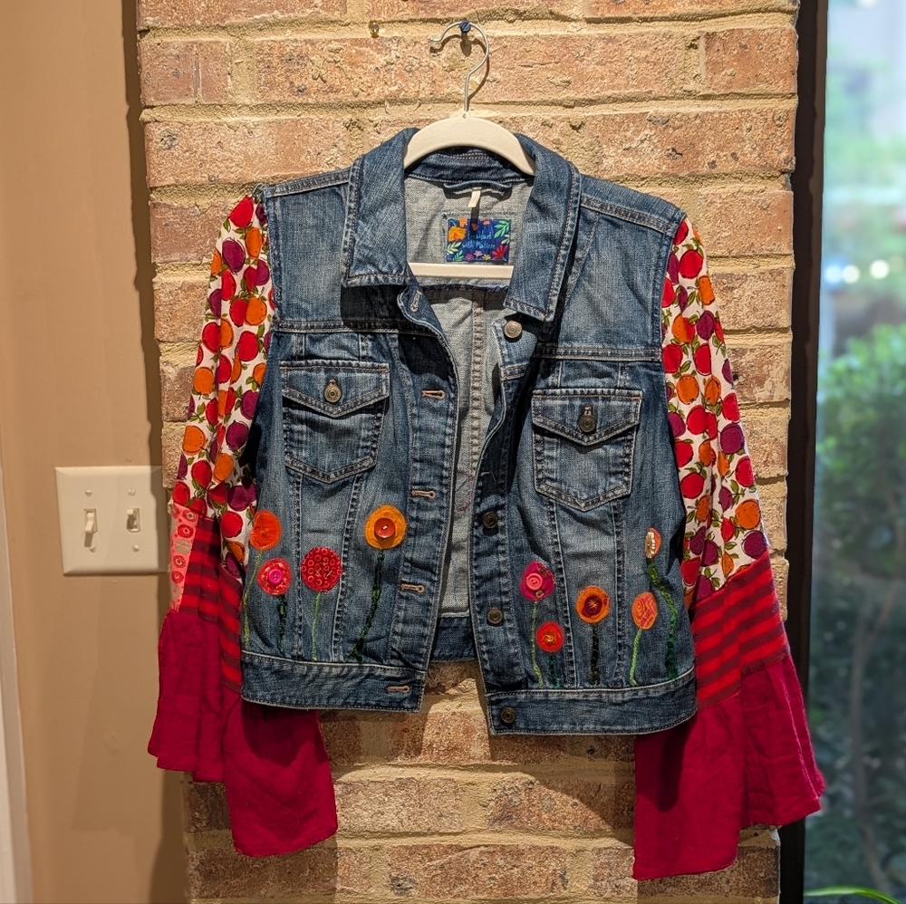 Colorful Denim Jacket with Floral Flowy Sleeves